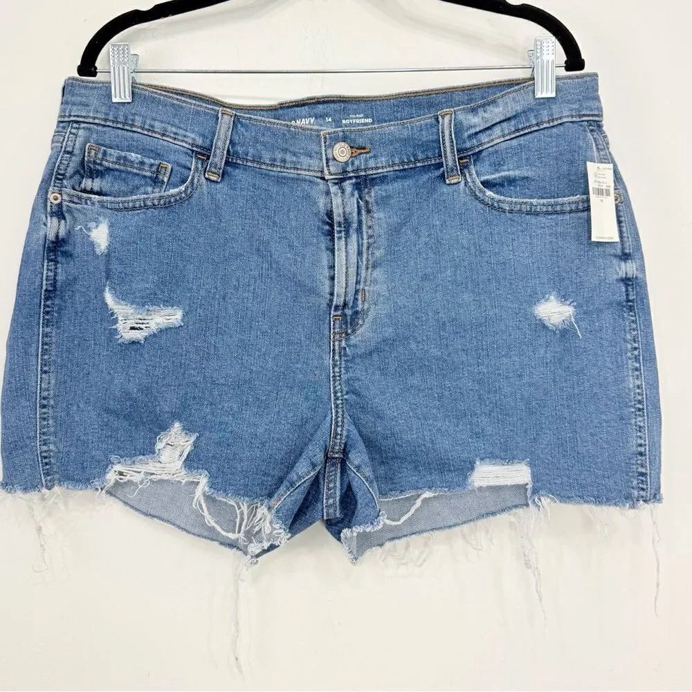 Old Navy Blue Mid Rise Boyfriend Factory Distressed Cotton Denim Shorts NEW